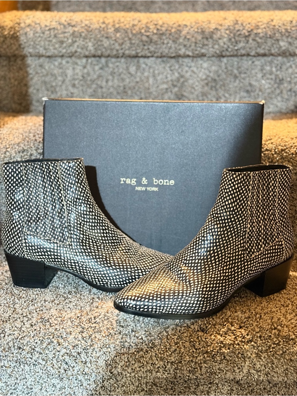 rag & bone Black and White Patterned Leather Ankle Boots